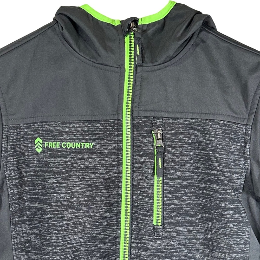 Free Country Kids Softshell Hooded Jacket Grey Black Neon Green Size Large 7/8